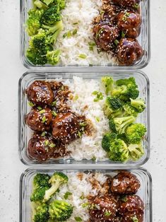 three plastic containers filled with rice and broccoli covered in meatballs on top of each other