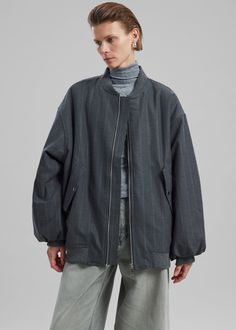 Color: Grey Stripe
 Midweight woven fabric
 Oversized fit
 Padded detailing throughout Baseball collar Drop shoulders Front flap pockets Rib-knit hem Front button closure Lined 100% Polyamide
 Dry Clean By The Frankie Shop. Imported Modern Outerwear With Ribbed Cuffs For Work, Modern Outerwear With Ribbed Cuffs For Spring, Modern Spring Outerwear With Ribbed Cuffs, Winter Outerwear With Patch Pockets For Layering, Wool Outerwear With Stand Collar And Pockets, Wool Outerwear With Pockets And Stand Collar, Classic Oversized Outerwear With Stand Collar, Relaxed Fit Outerwear With Ribbed Cuffs For Layering, Cotton Outerwear With Ribbed Cuffs For Layering