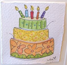 a drawing of a birthday cake with candles on it's top and flowers on the bottom