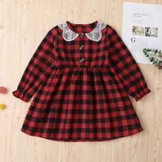 Girls Plaid Hollow Out Doll Collar Long Sleeve Dress Wholesale - PrettyKid Winter Plaid Ruffled Dresses, Casual Winter Dress With Doll Collar, Fall Lace Trim Dress With Doll Collar, Cute Winter Dress With Doll Collar, Cute Doll Collar Winter Dress, Long Sleeve Ruffled Dress For School, Casual Dress With Lace Trim And Doll Collar, Cute Winter Dress For School, Cute Dress With Doll Collar For Dress-up