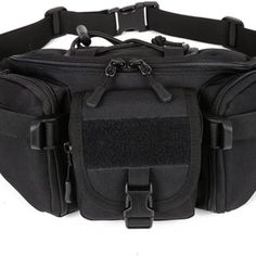 a black fanny bag with two zippers on the front and one in the back