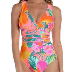 La Blanca Isla Del Sol Multi-Strap One-Piece Swimsuit Sz 14 Nwt 0094 Pink V-neck One Piece Beachwear, Pink Printed One-piece Swimwear, Pink Sleeveless One Piece For Pool, Sleeveless Pink One Piece For Pool, Sleeveless Pink One-piece For Pool, Pink Printed Tankini For Poolside, Pink One-piece Tankini For Summer, Pink Lined One-piece Swimsuit For Beach Season, Pink Lined One Piece For Beach Season