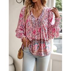 Season:Summer; Fabric:Polyester; Sleeve Length:Long Sleeve; Look After Me:Machine wash,Washable,Wet and Dry Cleaning; Gender:Women's; Style:Casual,Boho; Elasticity:Micro-elastic; Tops Type:Blouse,Shirt; Occasion:Vacation,Beach; Top Length:Regular; Fit Type:Regular Fit; Pattern:Floral; Design:Lace up,Print; Neckline:V Neck; Front page:FF; Listing Date:04/24/2024; Production mode:External procurement; Bust:; Length:; Sleeve:; Fit US Size:; Fit UK Size:; Fit EU Size: Printed Non-stretch Tops For Vacation, Non-stretch Printed Tops For Vacation, Floral Print Non-stretch Top For Vacation, Non-stretch Floral Print Tops For Vacation, Non-stretch V-neck Blouse For The Beach, Non-stretch Beach Blouse, Non-stretch Bohemian Blouse For The Beach, Non-stretch Printed Blouse For Beach, Casual Pink Blouse For Beach Season