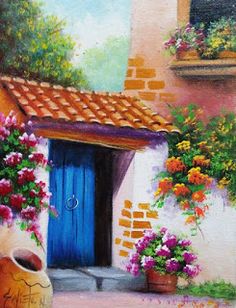 a painting of a house with flowers in pots