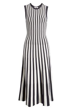 Vertically oriented stripes shape the contours of a fitted sweater-dress that stretches the season with a sleeveless silhouette. 44" length (size Medium) Slips on over head Crewneck Sleeveless Unlined 52% viscose, 29% polyester, 19% nylon Hand wash, line dry Imported Fitted Sleeveless Midi Dress With Vertical Stripes, Striped Ribbed Fitted Dress, Ribbed Striped Fitted Dress, Fitted Vertical Stripes Midi Dress For Spring, Fitted Striped Ribbed Midi Dress, Striped Ribbed Fitted Midi Dress, Elegant Striped Bodycon Midi Dress, Fitted Knee-length Dress With Vertical Stripes, Elegant Fitted Midi Dress With Vertical Stripes