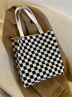 Black and White Fashionable   Nylon Plaid Shoulder Tote Bag    Women Bags Plaid Tote Bag, Plaid Tote, Merch Ideas, Womens Tote, Shoulder Tote, Bag Women, Louis Vuitton Damier, Bags Women