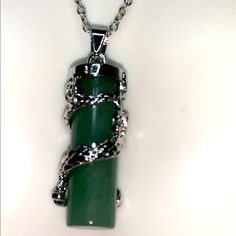 Pendant Made Of 2 1/2” Cylinder Green Aventurine Wrapped In A Silver Dragon, Hanging In A 20” Silver Chain With Lobster Clasp Closure. Silver Dragon Necklace, Dragon Necklace, Silver Dragon, Green Aventurine, Lobster Clasp, Womens Jewelry Necklace, Silver Chain, Gifts For Women, Jewelry Necklaces