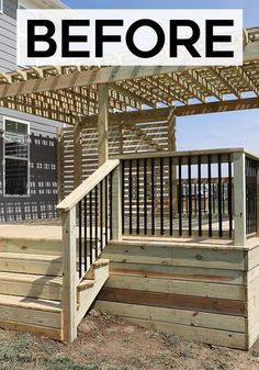 a wooden deck with steps and trellis on it, before and after being built