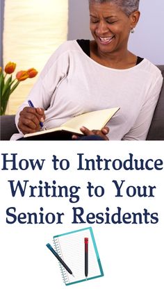 an older woman sitting on a couch with a notepad and pen in her hand