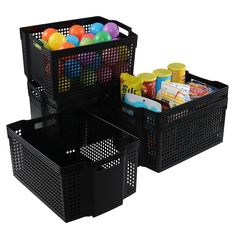 three black baskets filled with different types of toys