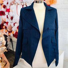 Navy Blazer With Stitch Detail Design. 65% Polyester 30% Rayn 5% Spandex Chic Stretch Blue Outerwear, Coral Jacket, Blue Suit Jacket, Detail Design, Navy Blue Suit, Open Front Blazer, Woven Jacket, Green Blazer, Houndstooth Blazer