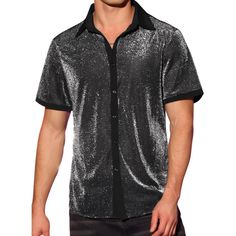 This stylish short-sleeved button-down shirt features a sheer mesh design with a shiny pattern that exudes charm and fashion. The see-through quality adds a touch of charm, making it a perfect choice for various occasions such as weddings, clubbing, or late-night outings. Pair this unique shirt with sleek leather pants to elevate your look. Unlike ordinary shirts, the contrasting color design of this shiny shirt adds a fashionable twist to your ensemble. Get this trend of metallic shirts as they Fitted Collared Shirt For Party, Fitted Short Sleeve Shirt For Night Out, Fitted Short Sleeve Party Shirt, Fitted Disco Shirt For Party, Disco Style Shirt For Night Out In Summer, Casual Button-up Party Shirt, Fitted Disco Style Party Shirt, Casual Button-up Shirt For Party, Fitted Disco Party Shirt