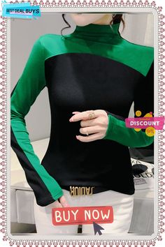 High Elasticity Tight Color Block Long Sleeve Urban Tight T-shirt Trendy High Stretch Long Sleeve T-shirt, Green Fitted Long Sleeve T-shirt, Green Stretch T-shirt For Fall, Fitted Green Trendy T-shirt, Fitted Green Long Sleeve T-shirt, Trendy Green Turtleneck Top, Tight T Shirt, Stand Collar, Color Block