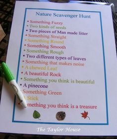 a printable nature scavenger hunt with a green pen on top of it