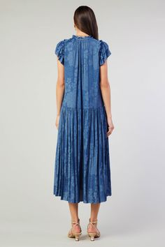 This jacquard maxi dress feels particularly breezy thanks to the dropped waist and shin-skimming pleats. Done in Parisian blue with a floral motif woven in, it's got a sweetly tied neckline, smocked detailing, and tiered short sleeves edged by picot stitching. " •Split neckline with self-tie •Relaxed fit •Ruffle trim •Short sleeves •Dropped waist •Pleated skirt •Mid-length hem DIMENSIONS •Standard: 50" Length Item number 2090410-1 100% Polyester Hand Wash Cold Blue Summer Dress With Pleated Hem, Blue Pleated Hem Summer Dresses, Blue Pleated Hem Dress For Summer, Blue Midi Dress With Pleated Hem, Blue Short Sleeve Pleated Maxi Dress, Blue Tiered Midi Dress For Daywear, Blue Maxi Dress With Ruffle Hem For Daywear, Casual Blue Dress With Pleated Hem, Blue Tiered Maxi Dress For Daywear