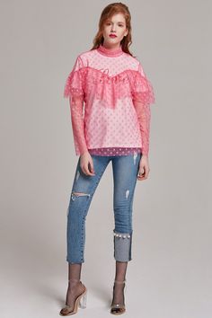 Claire Polka Dot Ruffle Top | Oroshe Long Sleeve Swiss Dot Tops For Spring, Spring Long Sleeve Swiss Dot Tops, Spring Swiss Dot Long Sleeve Tops, Polka Dot Swiss Dot Tops For Fall, Chic Ruffled Mesh Tops, Feminine Swiss Dot Tops For Spring, Swiss Dot Tops With Ruffled Collar For Spring, Spring Swiss Dot Tops With Ruffled Collar, Pink Ruffle Tops For Layering