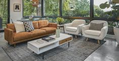 a living room filled with furniture and lots of windows