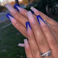 Dark Blue Nails With Initial, Royal Blue French Tip Nails With Rhinestones, Homecoming Nail Ideas Royal Blue, Royal Blue French Tip Nails Square, Royal Blue And Silver Nails Short, Navy Blue French Tip Nails Square, Dark Blue Homecoming Nails, Dark Blue Nails Coffin, White And Royal Blue Nails