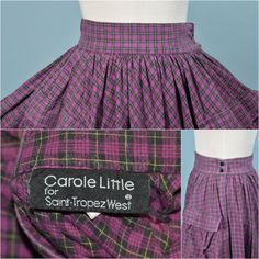 "Vintage 80s plaid skirt with very full skirt and large pockets on the front. Fitted waist with a 2\" waistband. Snap closure on the band, one-button concealed below that for closure. So cute to add to your prairie or Boho collection. *The knit top is NOT included in this sale. It is available in a separate listing. LABEL: Carol Little, San Trope West. SIZE: Refer to measurements for an accurate fit. All sizes are approximate. Waist: 24\" Waitband: 2\" wide Hip: free Length: 31\" Mannequin measu Vintage Plaid Full Skirt, Vintage Plaid Cotton Skirt, Retro Plaid Cotton Skirt, Fitted Vintage Plaid Skirt, Fitted Retro Plaid Skirt, Retro Plaid Full Skirt, Retro Full Skirt In Plaid, Retro Fitted Plaid Skirt, Retro Full Plaid Skirt