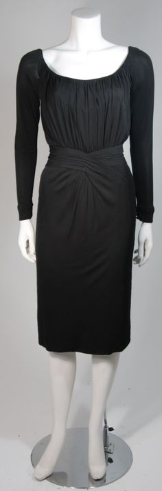 Ceil Chapman Black Silk Crepe Cocktail Dress with Gathers Size 4-6 2 Elegant Formal Dresses With Gathered Waist, Fitted Dresses With Gathered Waist For Formal Occasions, Draped Evening Dress With Gathered Waist, Evening Dress With Gathered Waist And Draped Shape, Evening Dress With Gathered Waist And Draped Design, Elegant Daywear Dress With Gathered Skirt, Elegant Gathered Skirt Dresses For Daywear, Elegant Dresses With Gathered Skirt For Daywear, Black Evening Dress With Gathered Waist