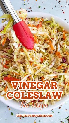 Trying out the vinegar coleslaw made with no mayo and served in a big white bowl. Recipe For Coleslaw, Vinegar Coleslaw Recipe, Vinegar Based Coleslaw Recipe, Coleslaw Dressing Recipe