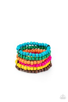 Held in place with rectangular wooden fittings, a collection of vivacious pink, blue, orange, green, yellow, and brown wooden beads are threaded along stretchy bands around the wrist, creating colorful layers. Sold as one individual bracelet. Multicolor Bracelet, Nickel Free Jewelry, Wooden Bracelet, Wood Bracelet, Paparazzi Accessories, Affordable Jewelry, Paparazzi Jewelry, Colorful Bracelets, Beaded Stretch Bracelet