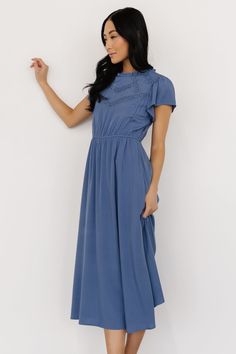 Modest Midi Dress With Lace Trim, Blue Maxi Dress With Lace Trim For Daywear, Blue Lace Trim Maxi Dress For Daywear, Solid Dresses With Lace Trim For Daywear, Solid Daywear Dresses With Lace Trim, Blue Elegant Maxi Dress With Smocked Bodice, Solid Color Dresses With Lace Trim For Daywear, Elegant Blue Maxi Dress With Smocked Bodice, Elegant Blue Maxi Dress With Smocked Back