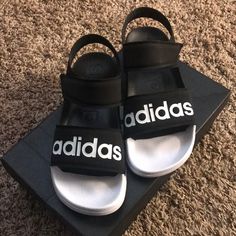 New Adidas Sandal Never Worn. Adidas Sandals With Logo For Summer, Adidas Logo Sport Sandals For Summer, Casual Adidas Sport Sandals For Summer, Adidas Black Slides For Summer, Summer Black Adidas Sandals, Black Adidas Logo Sandals, Black Cushioned Sport Sandals For Summer, Black Round Toe Sport Sandals For Summer, Casual White Adidas Sandals