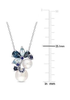 This spectacular necklace is crafted in lustrous sterling silver and features 7-7.5 and 9-9.5 millimeter white round freshwater pearls with pear-cut London-blue topaz, marquise-cut sky-blue topaz, and round-cut sapphire gemstones. The pendant is hung on a cable chain secured with a spring ring clasp. | Belk & Co Women's Cultured Freshwater Pearl, 2.3 ct. t.w. Blue Topaz and 2/5 ct. t.w. Sapphire Cluster Pendant with Chain in Sterling Silver, White Pendant With Chain, Sky Blue Topaz, Cluster Pendant, London Blue Topaz, Marquise Cut, Sapphire Gemstone, London Blue, Pear Cut, Cable Chain