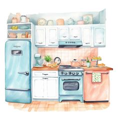 a watercolor painting of a kitchen with blue and pink appliances