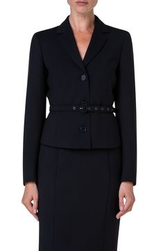 Elegant Belted Blazer For Formal Occasions, Elegant Belted Blazer For Semi-formal Occasions, Semi-formal Elegant Belted Blazer, Elegant Semi-formal Belted Blazer, Classic Belted Business Blazer, Elegant Tailored Belted Blazer, Elegant Tailored Suits With Belt Loops, Elegant Belted Blazer With Suit Collar, Elegant Business Suits With Belt Loops