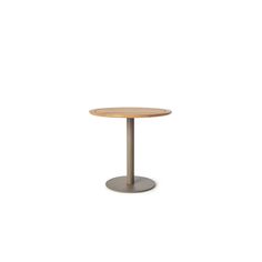 a round wooden table with a metal base on a white background for use in an office or conference room