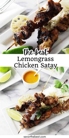 the best lemongrass chicken satay is served on skewers with sauce and garnishes