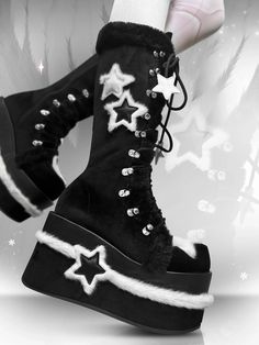 Wedge soles, 10cm heel alternative fashion winter platform boots, with fleece star patches, front lace up ties. Y2K fashion under knee mid-length boots.  The price is for a pair of boots only, others are not included.  Garment Size   	 		 			Size 			34 			35 			36 			37 			38 			39 			40 		 		 			Foot Length 			22.0 			22.5 			23.0 			23.5 			24.0 			24.5 			25.0 		 		 			Heel 			10 			10 			10 			10 			10 			10 			10 Cheap Alt Boots, Black Platform Lace Up Boots, K Pop Boots, Winter Shoes Cute, Winter Boots Alternative, Alternative Winter Boots, Goth Outfits Platforms, Shoes Cute Aesthetic, Harajuku Shoes Boots