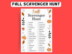 a fall scavenger hunt with pumpkins and leaves