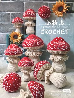 crocheted mushrooms and sunflowers are on display