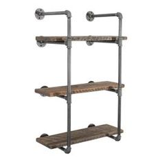 an industrial style shelving unit with three shelves and two metal bars on each side