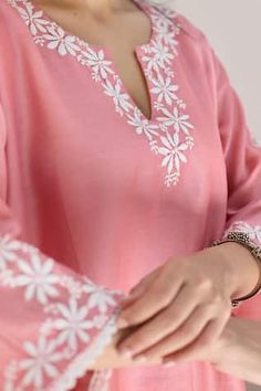 Pink asymmetric kurta with chikankari boota embroidery in flower pattern. - Aza Fashions Asymmetric Kurta, Shamita Shetty, Tejaswi Prakash, Kurta Women, Radhika Madan, Jayanti Reddy, Genelia D'souza, Rhea Kapoor, Anamika Khanna