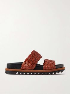 DRIES VAN NOTEN Leather-trimmed raffia sandals Dries Van Noten Shoes, Raffia Sandals, Braided Strap, Dries Van Noten, Midi Dresses, Net A Porter, Flat Sandals, Valentino Garavani, Leather Trims