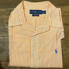 Nwot Mens Ralph Lauren Collar Dress Shirt Sz. Large Orange Stripe Long Sleeve Casual Striped Dress Shirt For Summer, Collared Dress Shirt With Placket For Summer, Summer Collared Dress Shirt With Placket, Classic Orange Summer Shirt, Casual Short Sleeve Dress Shirt With Placket, Ralph Lauren Fitted Striped Shirt, Ralph Lauren Summer Collared Shirt, Ralph Lauren Casual Summer Shirt, Classic Orange Collared Shirt