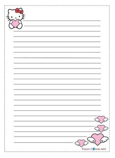 hello kitty lined paper with pink hearts on the bottom and an image of a cat holding a