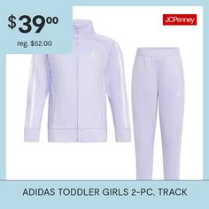 Quite possibly the best matching outfit ever. This girls' adidas two-piece track set is made from soft, sporty tricot fabric with a just-right fit that's a win for comfort. Top-to-bottom 3-Stripes and logo embroidery sign off on iconic style.Regular fit strikes a comfortable balance between loose and snug100% polyester tricotSet includes long sleeve full-zip jacket and elastic waistband jogger-style pantsTop: Full zip with mock neckTop and pants: On-seam pockets hold small itemsPants: Elastic c… Suit Purple, Track Suits, Tricot Fabric, Matching Outfit, Adidas Girl, Track Suit, Sign Off, Iconic Style, Fashion Joggers