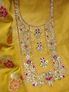 Item Overview ATHARVA Hand Embroidery Salwar Kameez/Yellow/Chanderi Silk/Meenakari Banarsi Dupatta/Custom Stitch Unstitch/Churidar/Custom Anarkali/Gift/ Dno. CH1803 Fabric: * Shirt - Chanderi Silk- Hand Embroidered Neck 2.5 Mts - Beautiful Hand Embroidery * Dupatta: Meenakari Banarsi Dupatta- - 2.5 Mts- Latkans Tassels * Bottom Santoon Taffeta Silk 2.5 Mts. Excusive Hand Embroidered Party Wear Punjabi Suit. Customization: * Fabrics Customization: Designs Can be made in different Fabrics. *Color Festive Yellow Semi-stitched Salwar Kameez, Semi-stitched Yellow Kurta For Transitional Season, Yellow Chandbali Kurta For Diwali, Transitional Season Yellow Anarkali Set Traditional Drape, Unstitched Gold Anarkali Traditional Wear, Gold Designer Kurta For Festivals, Semi-stitched Gold Traditional Wear With Dabka Work, Gold Salwar Kameez With Resham Embroidery For Eid, Festive Yellow Dola Silk Kurta