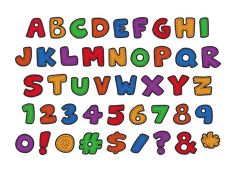 the letters and numbers are made up of different colors, shapes, and font styles