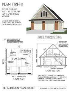 two car garage plan with loft and living room on the second floor, shown in blueprint