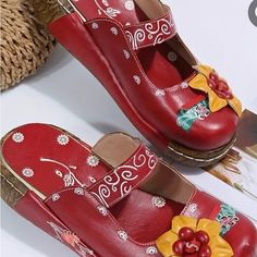 Tribal Leather Flower Wood Mule Clogs. Multi Red Colors. Size 8, Never Used. Originally $100 Retro Spring Mules With Round Toe, Spring Retro Mules With Round Toe, Spring Retro Round Toe Mules, Retro Round Toe Mules For Spring, Red Mules For Spring, Red Spring Mules, Retro Spring Clogs With Round Toe, Spring Retro Round Toe Clogs, Retro Round Toe Clogs For Spring