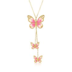 Ross-Simons - Italian Pink, White Enamel Butterfly Necklace in 14kt Yellow Gold. 20". Tap into your childhood with this whimsical necklace from Italy! Beautiful butterflies boast pink and white enamel wings in polished 14kt yellow gold. Suspends from a cable chain. Springring clasp, pink and white enamel butterfly necklace. Pink Enamel Pendant Necklaces, Pink Pendant Necklace In Enamel, Pink 14k Gold Pendant Necklace, Pink Butterfly Charm Pendant Necklace, Pink Pendant Necklace With Butterfly Charm, Pink Enamel Necklaces For Gift, Pink Butterfly Charm Pendant Jewelry, Pink Sterling Silver Jewelry With Butterfly Charm, Whimsical Pink Sterling Silver Jewelry