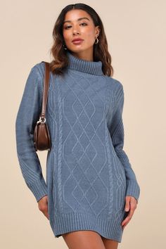 Cozy up near the fireside with your hunny in the Lulus Cuddle Up Close Blue Cable Knit Turtleneck Sweater Dress! This cozy-chic sweater dress is ideal for looking cute even on the chilliest nights, thanks to a thick cable knit construction and a relaxed turtleneck. The relaxed, shift silhouette is framed by long sleeves and ends at a mini hem that's perfectly flirty! Ribbed knit accents the neck, sleeve cuffs, and hem. Fit: This garment fits true to size. Length: Mid-thigh. Size medium measures 31.5" from shoulder to hem. Bust: Great for any cup size. Waist: Not Fitted - comfortable room throughout midsection. Hip: Not Fitted - room for hips. Undergarments: May be worn with any standard bra. Fabric: Fabric is very stretchy. Unlined. 100% Acrylic. Hand Wash Cold. Do Not Bleach. Hang To Dry. Rehearsal Dinner Guest Outfits, Dress With Turtleneck, Cable Knit Turtleneck, Casual Formal Dresses, Cable Knit Sweater Dress, Blue Long Sleeve Dress, Cable Knit Turtleneck Sweater, Cozy Dress, Chic Sweater