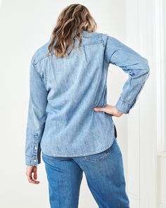 Roll up, roll up. Our denim shirt will have you looking relaxed but ready for anything. As comfy as it is stylish, this classic is made of soft, 100% cotton denim with roll-up sleeves, two front pockets, and darted back for more shape. The tulip sides give a bit of feminine curve and the distressed wash provides extra texture.  | Quince | Women's Distressed Denim Shirt in Blue, Size Large, Cotton Womens Denim Shirt, Roll Up Sleeves, Quince, White Wash, Roll Up, Denim Shirt, Distressed Denim, Chambray, Womens Shirts