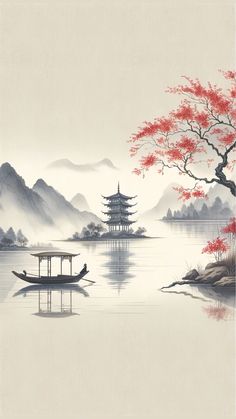 Asia Wallpaper Aesthetic, Traditional Chinese Art Wallpaper, Chinese Traditional Illustration, Japan Watercolor Painting, Simple Scenery Drawing, Chinese Watercolor, Chinese Picture, Japan Cherry Blossom